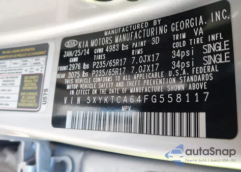 2015 Kia Sorento Lx из США, поврежденный, VIN 5XYKTCA64FG558117